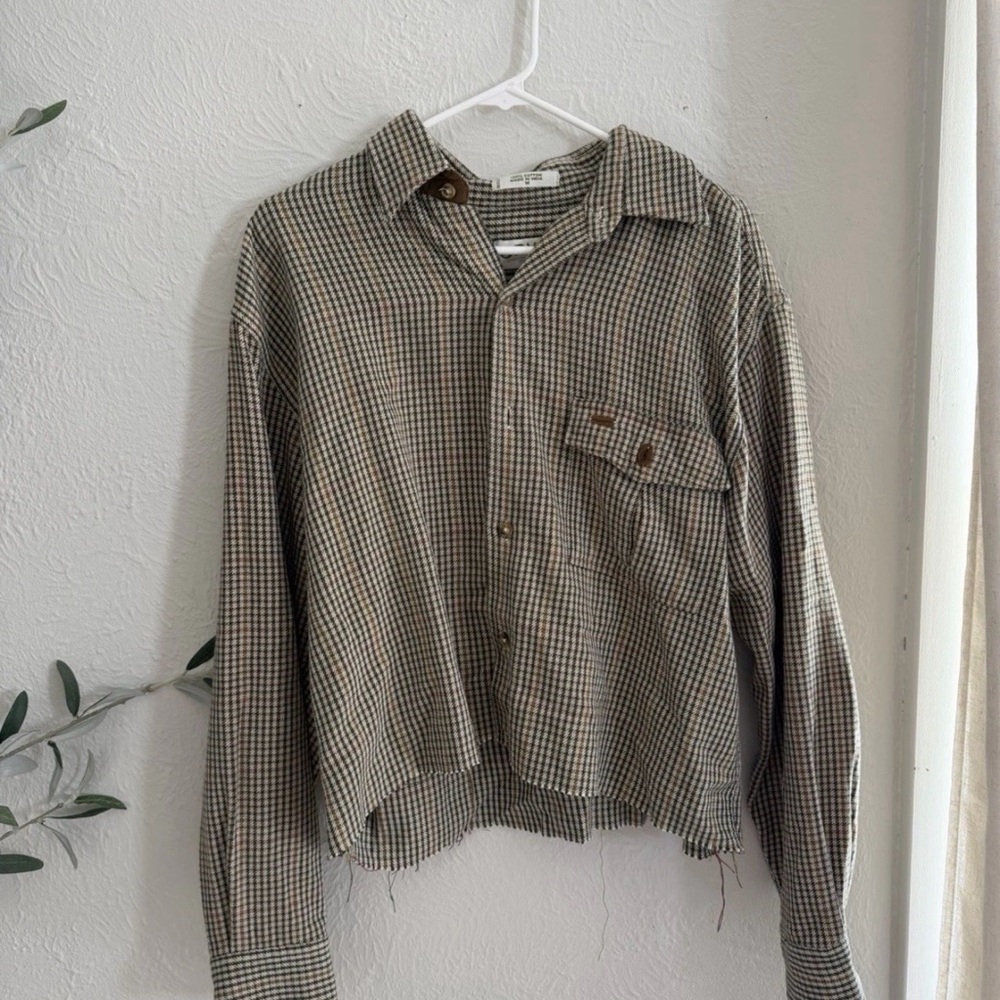Cropped Orvis Olive, Cream and Brown Houndstooth Cotton Shirt
